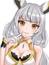 Rule 34 | 1girl, absurdres, animal ear fluff, animal ears, bare shoulders, breasts, brown eyes, cleavage, closed mouth, commentary, facial mark, finger to mouth, gloves, grey hair, hand up, highres, langspower, long hair, looking at viewer, medium breasts, nia (blade) (xenoblade), nia (xenoblade), simple background, smile, solo, upper body, white background, white gloves, xenoblade chronicles (series), xenoblade chronicles 2