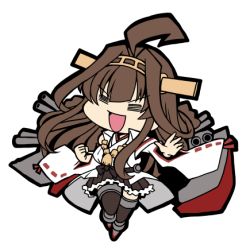 Rule 34 | 1girl, = =, ahoge, boots, brown hair, chibi, closed eyes, commentary request, detached sleeves, double bun, full body, hair bun, hairband, headgear, kantai collection, kongou (kancolle), kongou kai ni (kancolle), koopo, long hair, lowres, machinery, open mouth, ribbon-trimmed sleeves, ribbon trim, simple background, solo, thigh boots, thighhighs, white background