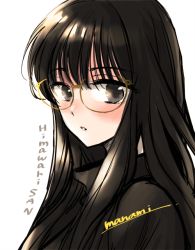 Rule 34 | 1girl, artist name, black eyes, black hair, black shirt, blush, character name, commentary, copyright name, glasses, himawari-san, himawari-san (character), long hair, looking at viewer, parted lips, shirt, signature, simple background, sketch, solo, sugano manami, upper body, white background