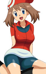 Rule 34 | 1girl, :d, arm support, arms behind back, bandana, bike shorts, black legwear, blue eyes, blush, breasts, brown hair, collared shirt, creatures (company), female focus, game freak, happy, head tilt, kuro hopper, legs, looking at viewer, may (pokemon), medium breasts, neck, nintendo, open mouth, pokemon, pokemon (anime), pokemon rse, red shirt, shirt, short hair, short sleeves, simple background, sitting, skirt, smile, solo, white background, white skirt