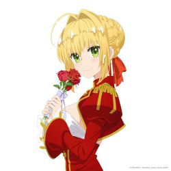 Rule 34 | 1girl, aestus estus, ahoge, blonde hair, dress, fate/extra, fate/grand order, fate (series), flower, green eyes, highres, holding, holding flower, nero claudius (fate), nero claudius (fate) (all), nero claudius (fate/extra), red dress, ribbon, rose, smile, solo, tagme, type-moon, white background