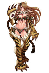 Rule 34 | 1girl, abs, animal ears, animal hands, armor, bell, bikini, bikini armor, black hair, blush, body blush, breasts, brown hair, bursting breasts, claws, cleavage, cleavage cutout, clothing cutout, codpiece, facial mark, faulds, female focus, floating hair, full body, fur, fur trim, hair between eyes, highres, jingle bell, jinko (monster girl encyclopedia), kenkou cross, large breasts, long hair, looking at viewer, midriff, monster girl, monster girl encyclopedia, monster girl encyclopedia ii, multicolored hair, muscular, muscular female, navel, official art, orange eyes, pauldrons, revealing clothes, shoulder armor, simple background, solo, standing, striped, swimsuit, tail, thick thighs, thighs, tiger, tiger ears, tiger tail, toned, toned female, two-tone hair, very long hair, white background, wide hips, yellow eyes