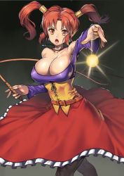 Rule 34 | 1girl, black pantyhose, breasts, dragon quest, dragon quest viii, dress, energy, jessica albert, jewelry, large breasts, matching hair/eyes, nagase haruhito, necklace, open mouth, orange eyes, orange hair, pantyhose, purple shirt, shirt, solo, twintails, whip