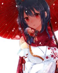 Rule 34 | 10s, 1girl, bare shoulders, black hair, breasts, detached sleeves, floral print, hair between eyes, hair ornament, japanese clothes, kantai collection, large breasts, long sleeves, looking at viewer, miko, momoiro, open mouth, parasol, red eyes, scarf, solo, umbrella, white background, wide sleeves, yamashiro (kancolle), yamashiro kai ni (kancolle)