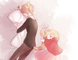 Rule 34 | 1boy, 1girl, ^^^, age difference, aged down, animal ears, bed, big bad wolf (cosplay), black shirt, blonde hair, blue eyes, blush, cape, child, closed eyes, cosplay, diabolik lovers, dress, frills, hood, hug, komori yui, little red riding hood, little red riding hood (grimm), little red riding hood (grimm) (cosplay), lying, manmosu, open mouth, pants, petite, pillow, rejet, sakamaki shuu, shirt, size difference, tail, twitter username, wolf ears, wolf tail