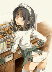 Rule 34 | 1girl, apron, ass, black hair, brown eyes, display case, food, from behind, gloves, highres, kasetsu 03, looking at viewer, looking back, maid headdress, muffin, open mouth, original, panties, sandwich, short hair, smile, solo, thighhighs, underwear, v, watch, wavy mouth, white thighhighs