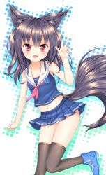 Rule 34 | 1girl, animal ears, arm up, black hair, black thighhighs, blue shirt, blue skirt, brown eyes, colin (pixiv), dog ears, dog tail, fang, highres, knees together feet apart, leg up, long hair, midriff, miniskirt, navel, open mouth, original, panties, shirt, shoes, skirt, sleeveless, sleeveless shirt, smile, solo, standing, standing on one leg, tail, thighhighs, twintails, two side up, underwear, v, white panties