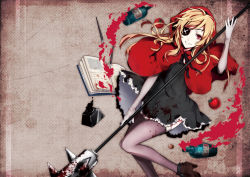 Rule 34 | 1girl, apple, arisaka ako, bad id, bad pixiv id, black dress, blonde hair, blood, book, bottle, dress, elbow gloves, eyepatch, food, fruit, gloves, high heels, holding, hood, ink, light smile, long hair, open book, original, pen, polearm, red eyes, shoes, solo, thighhighs, weapon, white gloves, white thighhighs