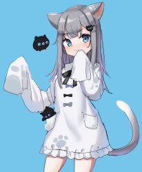 Rule 34 | 1girl, absurdres, animal ears, blue background, blue eyes, blush, bow, cat ears, cat girl, cat tail, collared dress, commentary, dress, frilled dress, frills, grey hair, hair ornament, highres, indie virtual youtuber, long hair, long sleeves, looking to the side, mirami (tatarim39), nachoneko, neck ribbon, paw print, pocket, ribbon, sleeves past fingers, sleeves past wrists, smile, solo, stuffed animal, stuffed cat, stuffed toy, symbol-only commentary, tail, virtual youtuber