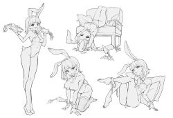 Rule 34 | 1girl, absurdres, barefoot, couch, feet, fishnet thighhighs, fishnets, highres, leotard, midori xu, monochrome, multiple views, original, playboy bunny, thighhighs, upside-down, white background