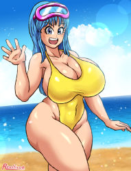 Rule 34 | 1girl, artist request, bare shoulders, beach, blue eyes, blue hair, blue sky, breasts, casual one-piece swimsuit, cleavage, cloud, curvy, derivative work, diving mask, diving mask on head, dragon ball, dragonball z, goggles, goggles on head, happy, highleg, highleg swimsuit, highres, large breasts, long hair, looking at viewer, maron (dragon ball), maron redraw challenge (meme), meme, meme attire, one-piece swimsuit, salute, screenshot redraw, shiny skin, sky, smile, solo, swimsuit, water, wide hips, yellow one-piece swimsuit