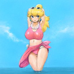 Rule 34 | 1girl, alternate costume, armpits, arms behind head, bikini, blonde hair, blue background, blue eyes, blue sky, breasts, buredoran, cleavage, closed mouth, collarbone, covered erect nipples, earrings, eyelashes, eyewear on head, flower, flower necklace, gluteal fold, highres, jewelry, large breasts, legs together, lips, long hair, looking away, mario (series), navel, necklace, nintendo, nipples, ocean, partially submerged, pink bikini, pink sarong, ponytail, princess peach, sarong, see-through, sky, smile, solo, standing, stomach, sunglasses, sunglasses on head, super mario odyssey, swimsuit, taut bikini, taut clothes, thighs, water, wet, white-framed eyewear