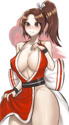 Rule 34 | 1girl, absurdres, bare shoulders, blush, breasts, brown eyes, brown hair, cleavage, covered erect nipples, eress, fatal fury, hair ribbon, highres, large breasts, long hair, ponytail, ribbon, shiranui mai, solo, thick thighs, thighs