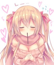 Rule 34 | 1girl, blonde hair, blush, bow, breasts, brown scarf, cleavage, closed eyes, flying sweatdrops, food, food in mouth, hair between eyes, hair bow, own hands clasped, heart, large breasts, long hair, mouth hold, off-shoulder, off-shoulder sweater, original, own hands together, pink bow, pocky, pocky day, scarf, sidelocks, solo, sorai shin&#039;ya, sweater, twintails, upper body, white background