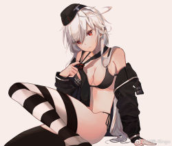 Rule 34 | 1girl, ahoge, arm support, asymmetrical legwear, bikini, black bikini, black jacket, breasts, c96 (girls&#039; frontline), chinese commentary, cleavage, commentary request, frown, girls&#039; frontline, hat, icywood, jacket, long hair, looking at viewer, medium breasts, mismatched legwear, necktie, open clothes, red eyes, side-tie bikini bottom, silver hair, sitting, solo, striped clothes, striped thighhighs, swimsuit, symbol-shaped pupils, thighhighs