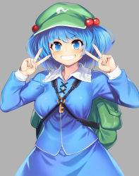 Rule 34 | 1girl, backpack, bag, blue eyes, blue hair, blue skirt, blush, breasts, cabbie hat, commentary request, double v, frilled shirt collar, frills, green hat, grey background, grin, hair bobbles, hair ornament, hands up, hat, highres, kawashiro nitori, key, looking at viewer, medium breasts, partial commentary, revision, shirt, short hair, simple background, skirt, skirt set, smile, solo, tarmo, touhou, upper body, v, white shirt