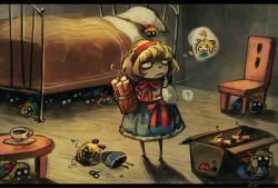 Rule 34 | 1girl, ?, alice margatroid, bed, blonde hair, box, broken, capelet, cardboard box, chair, cowering, cup, doll, dynamite, explosive, hairband, hiding, koto inari, scared, shanghai doll, sign, spoken question mark, table, teacup, thought bubble, touhou, under bed, under table, warning sign, winding key