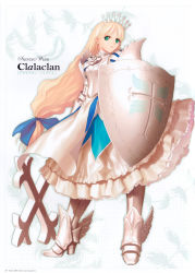 Rule 34 | 1girl, absurdres, armor, armored dress, blonde hair, bow, character name, clalaclan philias, copyright name, dress, green eyes, hair bow, highres, long hair, low-tied long hair, ribbon, sega, shield, shining (series), shining wind, solo, tony taka, very long hair, white background
