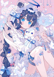 Rule 34 | 1girl, :o, angel, angel wings, back bow, bandage on knee, bandaid, bandaid on knee, bandaid on leg, black hair, bloomers, blue bow, blue cherry, blue eyes, blue ribbon, blurry, bow, bowtie, braid, brooch, bug, butterfly, butterfly ornament, cherry, crescent, crossed bandaids, cup, depth of field, dot nose, dress, drinking straw, ear piercing, earrings, food, frilled dress, frills, fruit, glass, hair bow, hair horns, hair ornament, hairband, hairclip, halo, headdress, heart, heart brooch, heart hair ornament, highres, holding, holding cup, holding stuffed toy, insect, jewelry, knees up, lace hairband, leg ribbon, light blush, long hair, long sleeves, looking at viewer, making-of available, neck garter, open mouth, original, parfait, piercing, pink bow, puffy long sleeves, puffy sleeves, red brooch, ribbon, sitting, sleeve bow, solo, star (symbol), star hair ornament, striped bow, striped bowtie, striped clothes, stuffed animal, stuffed toy, twin braids, twintails, uekura eku, underwear, white bloomers, white bow, white butterfly, white dress, white headdress, white wings, wings