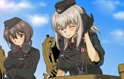 Rule 34 | 2girls, ;), black gloves, black headwear, black jacket, blue eyes, blue sky, brown eyes, brown hair, closed mouth, cloud, cloudy sky, commentary request, crossed arms, day, dress shirt, garrison cap, girls und panzer, gloves, half-closed eye, hand on headphones, hat, headphones, insignia, itsumi erika, jacket, kuromorimine military uniform, long sleeves, looking at viewer, medium hair, military, military hat, military uniform, multiple girls, nakamura 3sou, nishizumi maho, one eye closed, outdoors, red shirt, shirt, short hair, silver hair, sky, sleeves rolled up, smile, tank cupola, throat microphone, uniform, wing collar