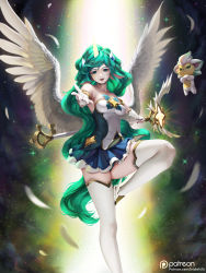 Rule 34 | 1girl, alternate costume, alternate skin color, animal ears, armlet, bare shoulders, blue skirt, breasts, collarbone, commentary request, feathers, gloves, gold trim, green eyes, green hair, holding, holding staff, horns, league of legends, leg up, letdie1414, long hair, looking at viewer, magical girl, medium breasts, miniskirt, open mouth, outstretched arms, patreon logo, patreon username, pleated skirt, shisa (league of legends), single horn, skirt, soraka (league of legends), staff, star guardian (league of legends), star guardian soraka, very long hair, watermark, web address, white gloves, white legwear, wings