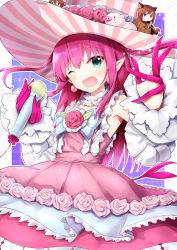 Rule 34 | 10s, 1girl, absurdres, blue eyes, choker, dress, elizabeth bathory (fate), elizabeth bathory (fate/extra ccc), elizabeth bathory (third ascension) (fate), fate/extra, fate (series), flower, frilled choker, frilled dress, frills, hair between eyes, hat, hat flower, highres, holding, holding microphone, layered dress, long hair, looking at viewer, microphone, nanakusa amane, one eye closed, pink hair, pointy ears, smile, solo, striped clothes, striped headwear, vertical-striped clothes, vertical-striped headwear
