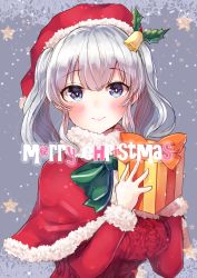 Rule 34 | 10s, 1girl, absurdres, alternate costume, blue eyes, breasts, christmas, gift, hair ornament, highres, kantai collection, kashima (kancolle), large breasts, looking at viewer, mochiko (mocchikkoo), santa costume, silver hair, smile, solo, twintails, wavy hair