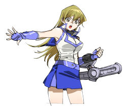 Rule 34 | 1girl, 203wolves, blonde hair, blue gloves, blue skirt, breasts, brown eyes, cowboy shot, cropped legs, duel academy uniform (yu-gi-oh! gx), duel disk, elbow gloves, fingerless gloves, gloves, hair between eyes, highres, jacket, long hair, looking at viewer, medium breasts, miniskirt, open mouth, simple background, skirt, sleeveless, sleeveless jacket, solo, standing, straight hair, tenjouin asuka, very long hair, white background, white jacket, yu-gi-oh!, yu-gi-oh! gx