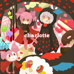 Rule 34 | 10s, :q, androgynous, bad id, bad pixiv id, blush stickers, brown eyes, candy, charlotte (madoka magica), cloak, cookie, doughnut, dual persona, food, gender request, hood, mahou shoujo madoka magica, mahou shoujo madoka magica (anime), multicolored eyes, multiple persona, nisi888, personification, pink hair, pocky, sweets, tongue, tongue out, white hair, wings