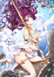 Rule 34 | 10s, 1girl, animal, bare shoulders, bracelet, breasts, bubble, cleavage, collarbone, coral, fins, granblue fantasy, green eyes, head fins, holding, jewelry, kasai iori, large breasts, long hair, looking at viewer, octopus, polearm, purple hair, riding, shaft look, side slit, solo, thigh strap, tiara, underwater, varuna (granblue fantasy), very long hair, weapon