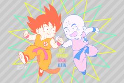 Rule 34 | +++, 2boys, :d, bald, black eyes, black footwear, black hair, character name, clenched hands, clothes writing, colorful, dot nose, dougi, dragon ball, dragon ball (classic), english text, eye contact, fist bump, grey background, happy, jumping, kalno, kuririn, looking at another, male focus, multiple boys, open mouth, signature, simple background, smile, smiley face, son goku, spiked hair, striped, striped background, twitter username, wristband, aged down