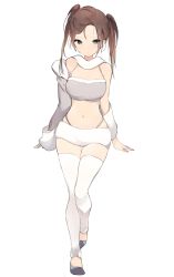 Rule 34 | 1girl, arms at sides, asymmetrical hair, bandeau, bare shoulders, blue eyes, breasts, brown eyes, brown hair, cleavage, closed mouth, collarbone, commentary, expressionless, full body, grey footwear, grey jacket, jacket, large breasts, looking at viewer, lpip, midriff, navel, off shoulder, open clothes, open jacket, original, scarf, shoes, short twintails, solo, spaghetti strap, stomach, thigh gap, thighhighs, thong, tsurime, twintails, uneven twintails, walking, white scarf, white thighhighs, zettai ryouiki