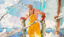 Rule 34 | 1boy, absurdres, anchor necklace, animal, arm hair, backwards hat, bara, bare pectorals, baseball cap, beard, bird, blue sky, brown hair, chest hair, facial hair, feet out of frame, fish, fishing, foreshortening, gloves, hairy, hat, highres, holding, holding animal, holding fish, jewelry, large pectorals, male focus, mature male, muscular, muscular male, mustache, naked overalls, necklace, nipples, ocean, original, overalls, pectorals, perspective, red gloves, sail, ship, short hair, sky, smile, solo, standing, swan, thick eyebrows, watercraft, xiaolumiaoliya, yellow overalls