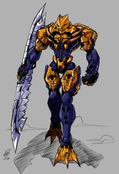 Rule 34 | bionicle, brutaka (bionicle), cable, clenched hand, double-blade, ethandoesathing, grey background, highres, humanoid robot, no humans, red eyes, robot, shadow, solo, the lego group, walking