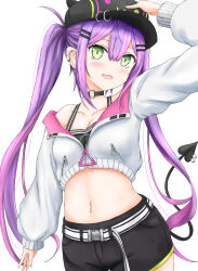 Rule 34 | 1girl, absurdres, baseball cap, bibi (tokoyami towa), black choker, black hat, black shorts, black tube top, blush, breasts, choker, cropped jacket, ear piercing, fangs, green eyes, hat, highres, hololive, jacket, long hair, looking at viewer, multicolored hair, navel, navel piercing, o-ring, o-ring choker, open mouth, owarimiru, piercing, pink hair, pointy ears, purple hair, shorts, small breasts, smile, solo, strapless, streaked hair, tail, tail ornament, tail piercing, tokoyami towa, tokoyami towa (1st costume), tube top, twintails, virtual youtuber, white background, white jacket