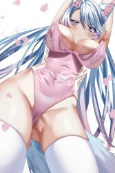 Rule 34 | 1girl, absurdres, animal ear fluff, animal ears, arms up, blue eyes, blue hair, breasts, commentary, covered navel, english commentary, flower, hair flower, hair ornament, highres, large breasts, leotard, long hair, looking at viewer, lulanoon, navel, petals, pink hair, pink leotard, playboy bunny, silvervale, swept bangs, tail, thighhighs, virtual youtuber, vshojo, white thighhighs, wolf ears, wolf girl, wolf tail