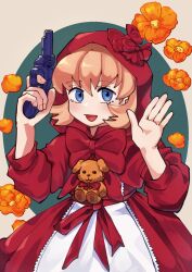 Rule 34 | 1girl, :d, blonde hair, blue eyes, blush, bow, bowtie, bulleta, dress, flower, gun, handgun, highres, holding, holding gun, holding weapon, hood, hood up, long sleeves, looking at viewer, open mouth, oushiza towel, red bow, red dress, red ribbon, ribbon, short hair, smile, solo, stuffed animal, stuffed toy, vampire (game), waving, weapon