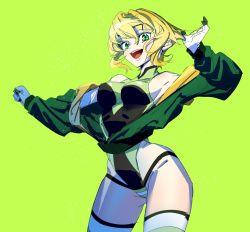 Rule 34 | 1girl, akatsuki kirika, blonde hair, breasts, gloves, green background, green eyes, green jacket, green leotard, hair ornament, highres, jacket, leotard, looking at viewer, medium breasts, open clothes, open jacket, open mouth, senki zesshou symphogear, shiny skin, short hair, simple background, smile, solo, standing, striped clothes, striped thighhighs, teeth, thighhighs, thundergotch, white gloves, x hair ornament