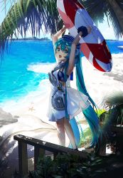 Rule 34 | 1girl, adapted costume, anchor symbol, aqua eyes, aqua hair, armpits, arms up, bad id, bad twitter id, beach, blue sky, blush, cloud, day, dress, hair between eyes, hair ornament, hair ribbon, hat, hatsune miku, holding, holding swim ring, honnou (kjs9504), innertube, lifebuoy, light particles, long hair, looking at viewer, ocean, open mouth, outdoors, palm tree, ribbon, sand, scrunchie, shoes, sidelocks, sky, sleeveless, sleeveless dress, solo, sparkle, stairs, starfish, swim ring, teeth, tree, twintails, upper teeth only, very long hair, vocaloid, white dress, wind, wind lift, wrist scrunchie