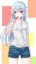 Rule 34 | 10s, 1girl, bad id, bad pixiv id, blue eyes, blue hair, candy, casual, character request, collarbone, denim, denim shorts, food, hibiki (kancolle), highres, kantai collection, lollipop, long hair, matching hair/eyes, md5 mismatch, shirt, shorts, solo, striped clothes, striped shirt, tyiop13