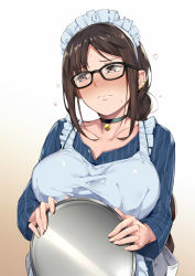 Rule 34 | 1girl, apron, blush, braid, breasts, brown eyes, brown hair, ear piercing, fate/grand order, fate (series), fingernails, glasses, highres, large breasts, looking away, maid headdress, naha78, piercing, shirt, striped clothes, striped shirt, tray, yu mei-ren (fate)