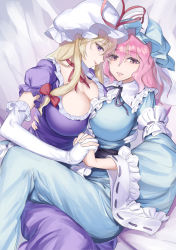 Rule 34 | 2girls, absurdres, bed sheet, blonde hair, blue kimono, breast press, breasts, cleavage, commentary request, dress, elbow gloves, gloves, gunnjou yosio, hair between eyes, hat, highres, holding hands, huge breasts, interlocked fingers, japanese clothes, kimono, long hair, looking at viewer, lying, mob cap, multiple girls, neck ribbon, on side, parted lips, pink eyes, pink hair, puffy short sleeves, puffy sleeves, purple dress, purple eyes, red ribbon, ribbon, ribbon-trimmed sleeves, ribbon trim, saigyouji yuyuko, short sleeves, smile, symmetrical docking, touhou, white gloves, wide sleeves, yakumo yukari, yuri