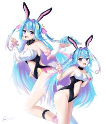 Rule 34 | 1girl, absurdres, animal ears, breasts, cleavage, fake animal ears, highres, hitatsuphat, large breasts, leotard, long hair, looking at viewer, medium breasts, misora kanon, multicolored hair, multiple girls, nijigen project, open mouth, plate, playboy bunny, purple eyes, v, vietnamese commentary, virtual youtuber