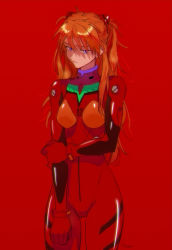Rule 34 | 1girl, blue eyes, bodysuit, breasts, brown hair, curvy, expressionless, hair between eyes, highres, interface headset, lips, long hair, looking at viewer, medium breasts, neon genesis evangelion, open mouth, plugsuit, red background, red bodysuit, shiny clothes, simple background, solo, souryuu asuka langley, sumustard, two side up, very long hair, wide hips
