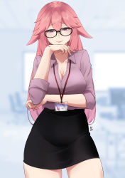 Rule 34 | 1girl, absurdres, alternate costume, azuri909, bespectacled, black skirt, breasts, cleavage, collared shirt, contemporary, cowboy shot, genshin impact, glasses, highres, id card, large breasts, long sleeves, looking at viewer, office lady, pencil skirt, pink hair, shirt, skirt, solo, thighs, yae miko