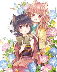 Rule 34 | 2girls, :d, :o, age difference, animal ears, black hair, blush, book, floral background, floral print, flower, hair flower, hair ornament, hair ribbon, hands on another&#039;s shoulders, holding, holding book, itou hachi, japanese clothes, kimono, long hair, long sleeves, looking at another, morning glory, multiple girls, obi, onee-loli, open mouth, original, pink hair, red eyes, ribbon, sash, short hair, short ponytail, sitting, smile, striped clothes, striped kimono, vertical-striped clothes, vertical-striped kimono, water drop, white background, yuri