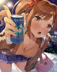 Rule 34 | 1girl, blue skirt, breasts, brown eyes, brown hair, can, cleavage, highres, holding, holding can, idolmaster, idolmaster cinderella girls, igarashi kyoko, jewelry, looking at viewer, medium breasts, necklace, open mouth, seneto, skirt, thighs