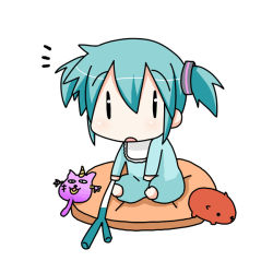 Rule 34 | 1girl, baby, barefoot, capybara-san, chibi, chibi miku, cushion, hatsune miku, minami (colorful palette), short twintails, spring onion, the thing not quite sure what it is, twintails, vocaloid, aged down