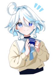 Rule 34 | 1girl, ahoge, blue eyes, blue hair, blue ribbon, blush, closed mouth, coffee mug, colored inner hair, cropped torso, cup, dot nose, furina (genshin impact), genshin impact, hair intakes, heterochromia, highres, holding, holding cup, looking at viewer, mug, multicolored hair, neck ribbon, notice lines, ribbon, sailor collar, shirt, short hair, simple background, smile, solo, tso (tuo 0202), white background, white hair, white sailor collar, yellow shirt