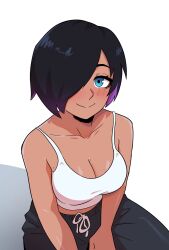 Rule 34 | 1girl, absurdres, black hair, black pants, blue eyes, breasts, camisole, cleavage, commentary, dark-skinned female, dark skin, dashi (dashiart), from above, hair over one eye, highres, large breasts, mole, mole on breast, multicolored hair, original, pants, purple hair, short hair, smile, solo, streaked hair, sweatpants, two-tone hair, violet (dashi), white camisole